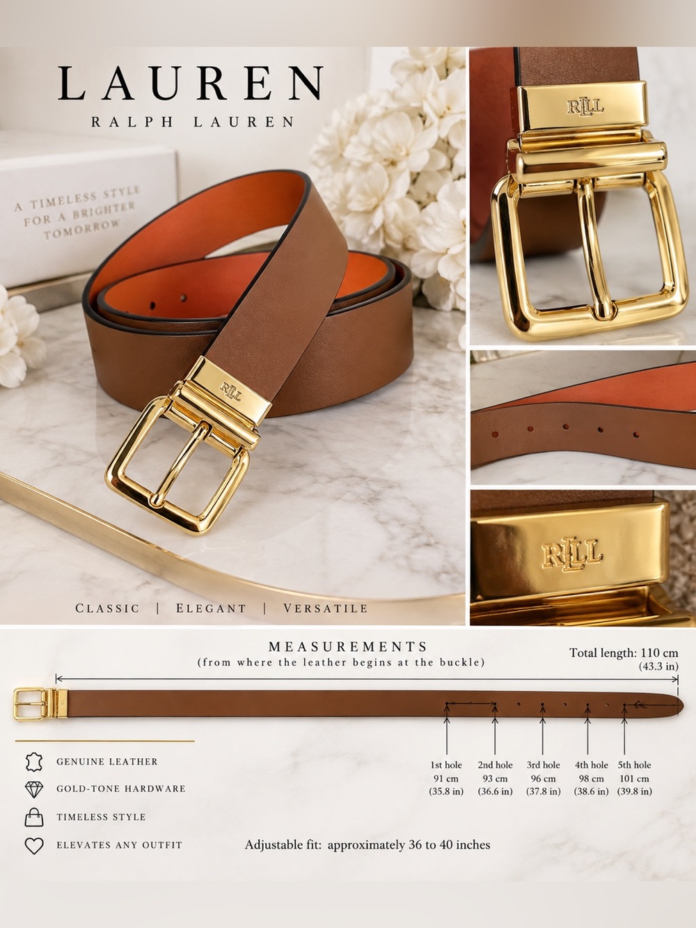 Lauren Ralph Lauren RLL Women’s Cognac Brown Leather Belt Gold Buckle - Picture 3 of 8